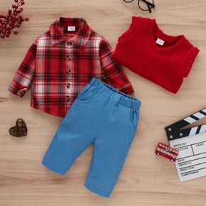 3pcs Baby Cotton Lapel Long-sleeve Red Plaid Shirt with Knitted Vest and Solid Trousers Set
