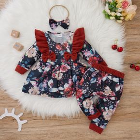 3pcs Baby Girl All Over Floral Print Waffle Ruffle Bowknot Long-sleeve Top and Trousers Set