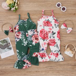 2pcs Baby Girl Floral Print Ribbed Sleeveless Cami Jumpsuit Set