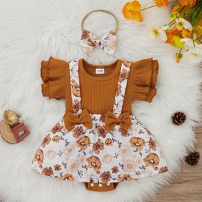 2pcs Baby Girl Coffee Ribbed Ruffled Short-sleeve Faux-two Floral Print Romper Dress Set
