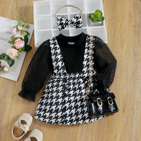 2pcs Baby Girl Black Houndstooth Print Splicing Mesh Long-sleeve Faux-two Dress with Headband Set