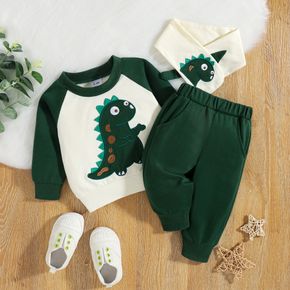 3pcs Baby Boy Cartoon Dinosaur Embroidered Raglan-sleeve Sweatshirt and Trousers with Scarf Set