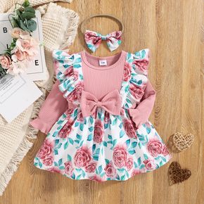 2pcs Baby Girl 95% Cotton Ribbed Long-sleeve Floral Print Ruffle Faux-two Suspender Dress with Headband Set