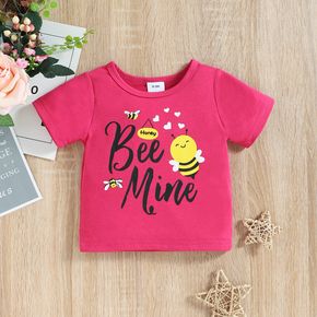 Baby Girl 95% Cotton Short-sleeve Cartoon Bee and Letter Print Hot Pink T-shirt