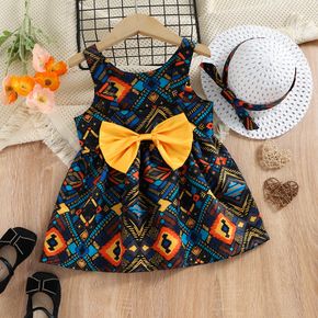 2pcs Toddler Girl Exotic Allover Print Bowknot Design Strap Dress and Straw Hat Set