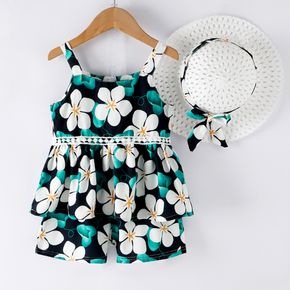 3pcs Toddler Girl Floral Print Lace Design Camisole & Shorts and Straw Hat Set