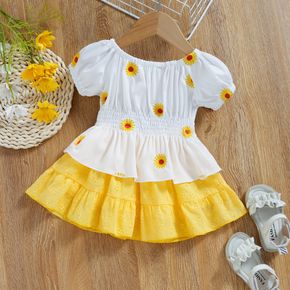 2pcs Baby Girl Floral Embroidered Puff-sleeve Shirred Top and Ruffle Skirt Set