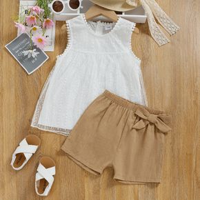 2pcs Toddler Girl Mesh Design Sleeveless White Tee and Bowknot Design Shorts Set