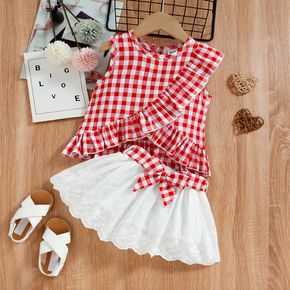 2pcs Toddler Girl Plaid Ruffled Sleeveless Blouse and Schiffy Design Belted Skirt Set