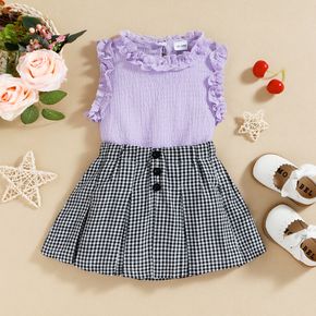 Mini Lady Toddler Girl 2pcs Solid Ruffle Decor Sleeveless Purple Top and Plaid Pleated Skirt Set