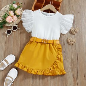 Mini Lady Toddler Girl 2pcs Dots Mesh Splice Flutter-sleeve White Top and Belt Decor Yellow Skirt Set