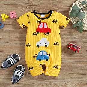 Baby Boy/Girl Allover Cartoon Vehicle Embroidered Ribbed Short-sleeve Romper