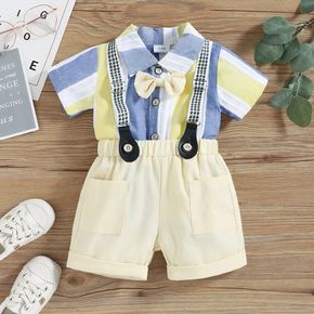 2pcs Baby Boy Party Outfits Gentleman Bow Tie Decor Striped Short-sleeve Shirt and Suspender Shorts Set