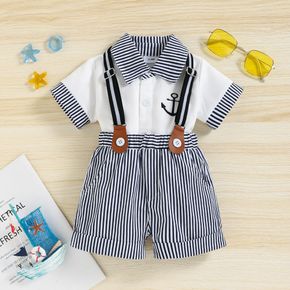 2pcs Baby Boy Anchor Embroidered Short-sleeve Romper and Striped Suspender Shorts Set