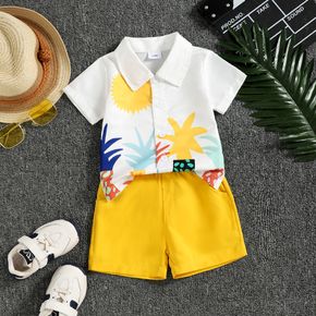 2pcs Baby Boy Tropical Print Short-sleeve Shirt and Solid Shorts Set