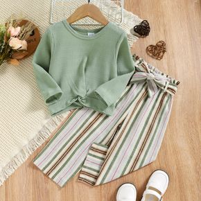 2pcs Toddler Girl Twist Knot Long-sleeve Green Tee and Stripe Belted Pants Set