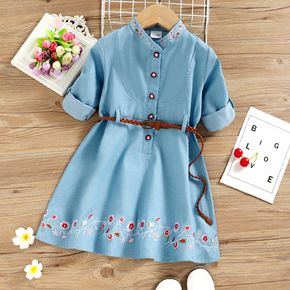 Ethnic Style Toddler Girl Denim Floral Embroidered Stand Collar Half-sleeve Blue Dress with Belt Set