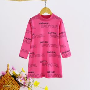 Toddler Girl Letter Print Mock Neck Long-sleeve Pink Dress