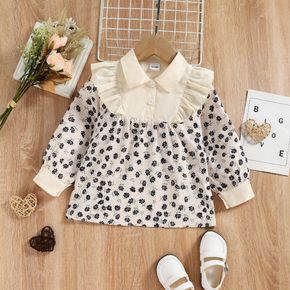 Toddler Girl Floral Print Ruffled Button Design Lapel Collar Long-sleeve Blouse