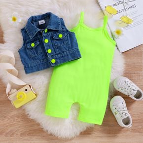 2pcs Baby Girl Denim Vest and Fluorescent Green Cami Romper Set