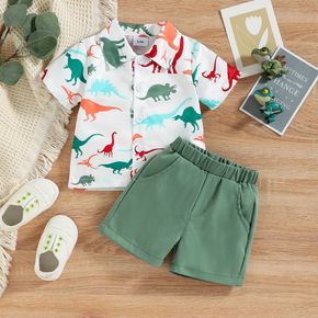 2pcs Baby Boy Allover Colorful Dinosaur Print Short-sleeve Shirt and Solid Shorts Set