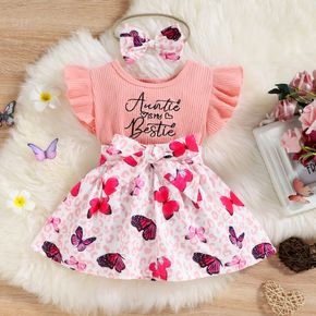 2pcs Baby Girl Flutter-sleeve Letter Embroidered Rib Knit Splicing Butterfly & Leopard Print Knot Front Dress with Headband Set