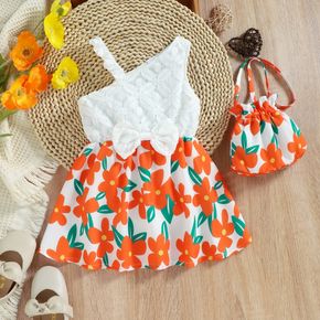 2pcs Baby Girl Lace Spliced Floral Print One Shoulder snap Cami Dress with Crossbody Bag Set