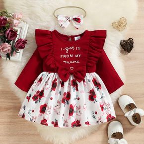 2pcs Baby Girl Long-sleeve Ruffle Bowknot Decor Letter & Floral Print Spliced Dress with Headband Set
