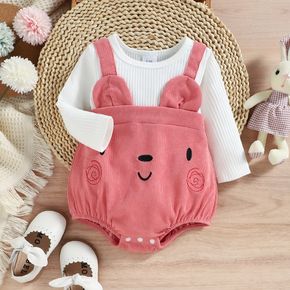 Baby Girl 95% Cotton Long-sleeve Rib Knit Spliced Cartoon Embroidered Romper