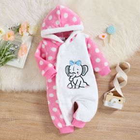 Baby Girl Elephant Embroidered Polka Dots Spliced Hooded Long-sleeve Thermal Fuzzy Jumpsuit