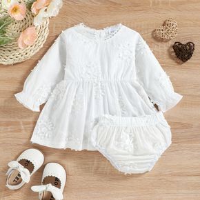 100% Cotton Baby Girl 2pcs Lace Splice 3D Floral Long-sleeve Top and Bloomer Shorts White Set