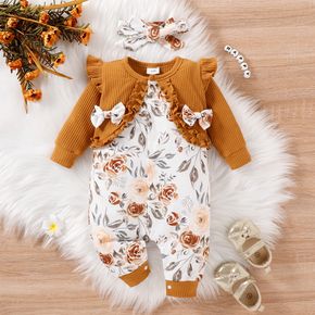 2pcs Baby Girl 95% Cotton Long-sleeve Faux-two Rib Knit Ruffle Trim Bow Front Spliced Floral Print Jumpsuit with Headband Set