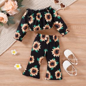 2pcs Baby Girl Allover Sunflower Floral Print Off Shoulder Long-sleeve Crop Top and Flared Pants Set