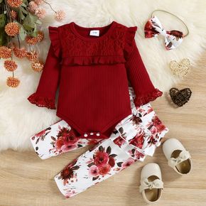 3pcs Baby Girl Lace Spliced Rib Knit Ruffle Trim Long-sleeve Romper and Floral Print Pants with Headband Set