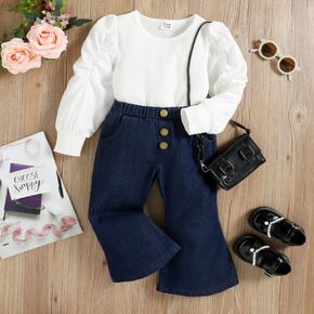 2pcs Toddler Girl Flared Denim Jeans and Puff-sleeve White Tee Set