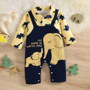 Baby Boy/Girl Allover Elephant & Letter Print Long-sleeve Faux-two Jumpsuit