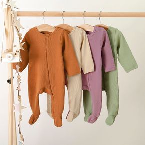 Ribbed Solid Footed Long-sleeve Baby Jumpsuit