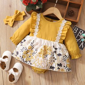 2pcs Ruffle Floral Print Long-sleeve Faux-two Romper Dress Baby Set