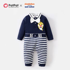 Baby Shark Baby Boy Cotton Striped Bow Tie and Lapel Collar  Jumpsuit