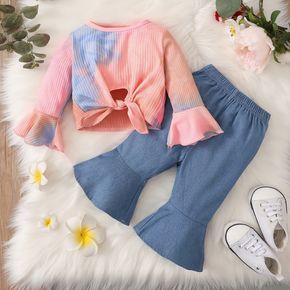 2-piece Baby Girl Tie Dye Tie Knot Long Bell sleeves Ribbed Top and Denim Flared Jeans Set