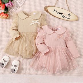Baby Girl Doll Collar Ribbed Bowknot Design Star Embroidered Mesh Long-sleeve Romper Party Dress