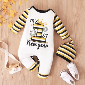 New Year 2pcs Baby Boy/Girl Letter Print White Splicing Striped Long-sleeve Jumpsuit Set