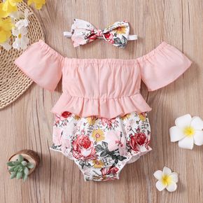 2pcs Baby Girl Pink Off Shoulder Short-sleeve Splicing Floral Print Ruffle Romper Set