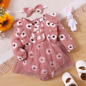 2pcs Baby Girl All Over Daisy Floral Print Pink Crepe Long-sleeve Ruffle Splicing Mesh Romper Dress Set