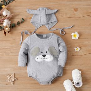 2pcs Baby Boy Cartoon Dog Embroidered Grey Long-sleeve Romper with Hat Set