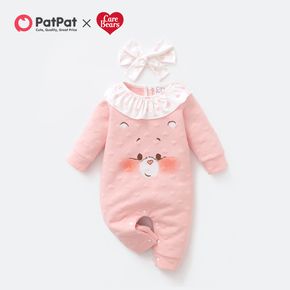 Care Bears 2pcs Baby Girl Love Heart Print Ruffle Collar Pink Textured Long-sleeve Jumpsuit with Headband Set