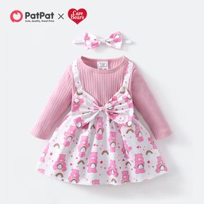 Care Bears 2pcs Baby Girl Pink Ribbed Long-sleeve Faux-two Print Bowknot Dress with Headband Set