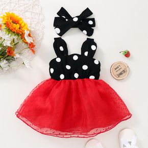 2pcs Baby Girl Polka Dots Sleeveless Splicing Swiss Dot Mesh Dress with Headband Set