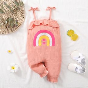 Baby Girl Rainbow Embroidered Pink Crepe Sleeveless Spaghetti Strap Jumpsuit