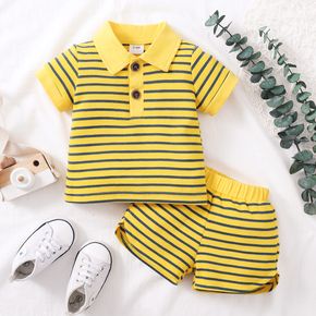 2pcs Baby Boy/Girl Button Design Yellow Striped Short-sleeve Polo Shirt and Shorts Set